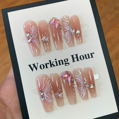 10Pcs Handmade Press On Nails - Butterfly Diamond Design